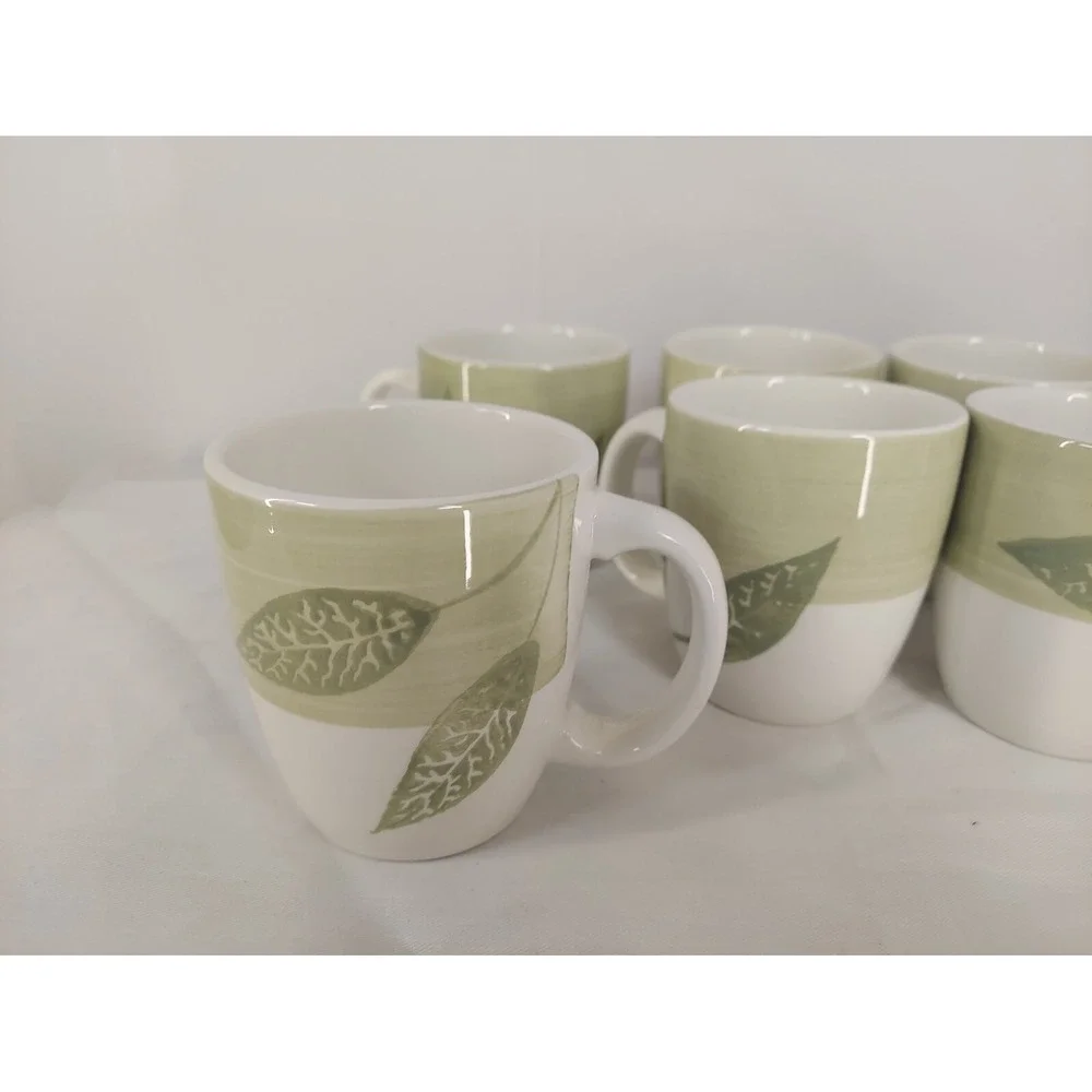 Pier‎ 1 Folia Green Leaves Band Crafted in Italy - LOT OF 6 Coffee Mugs 3 3/4'